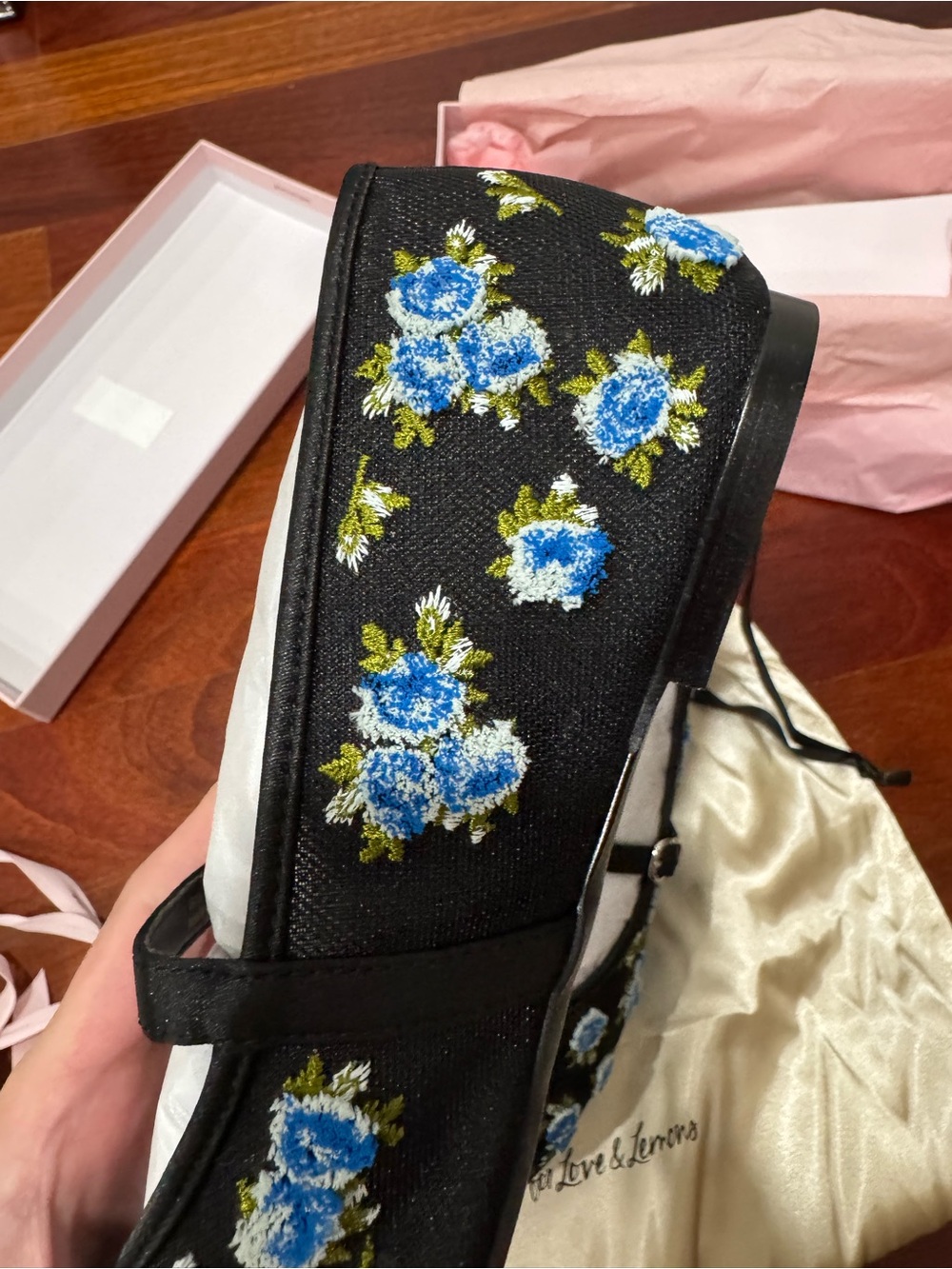 For Love And Lemons Evelyne Embroidered Mary Jane Flats with Blue Roses - Picture 4 of 11